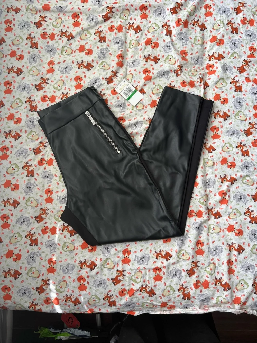 Michael Kors Black Faux Leather Leggings with Silver Zip